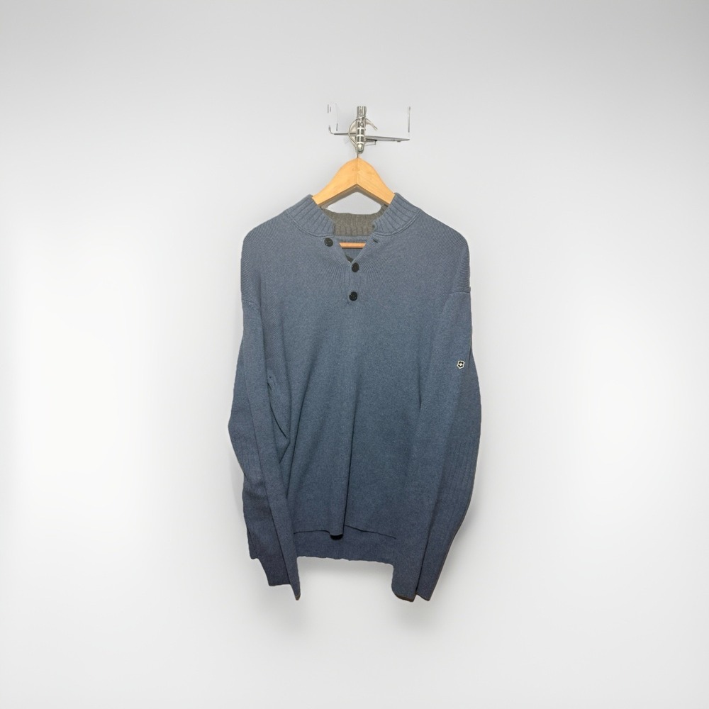 Victorinox Blue Ribbed Sweater Men's L Cotton Blend Henley Swiss Army